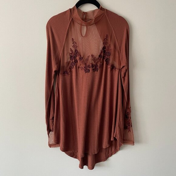 Free People Saheli Long Sleeve Sheer Yoke Embroidered Casual Blouse Brown XS - Picture 2 of 8
